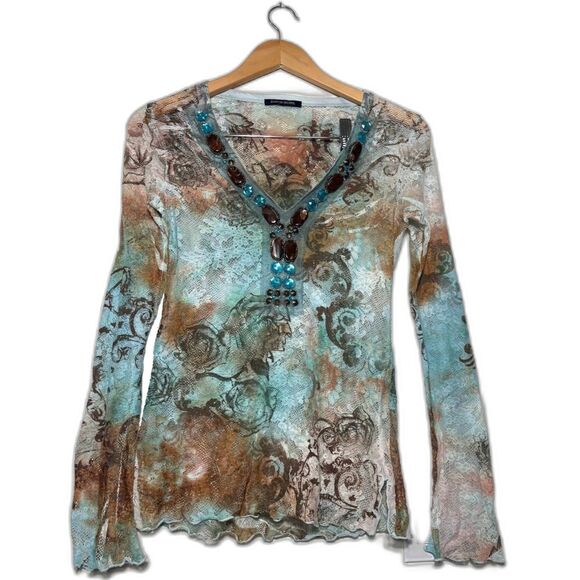 Boston Proper y2k Mesh Blouse Long Sleeve Top Sz Small Blue Brown Bedazzled Gems - Picture 1 of 6